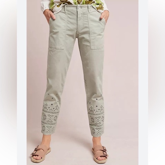 Anthropologie Eyelet Wanderer Utility Cotton Blend Pants Light Mint Green Sz 30 - Picture 14 of 14